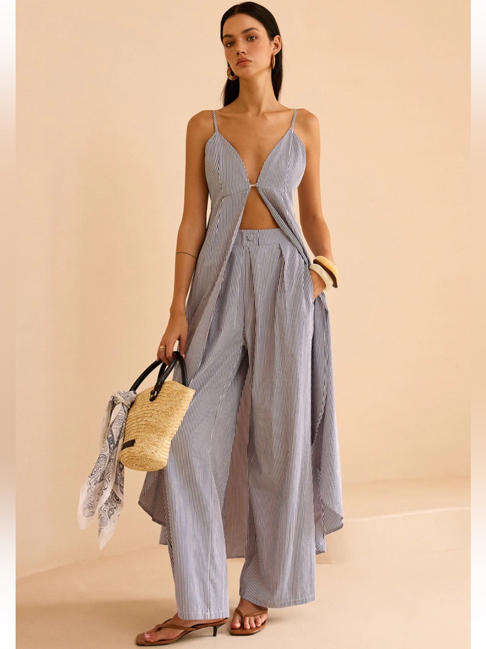Commense Striped Long Cami Top and Wide-Leg Pants Set Size Small NWT